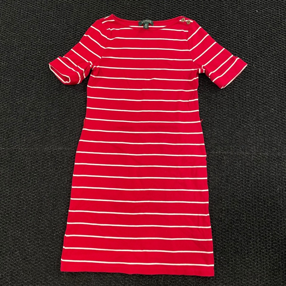 Lauren Ralph Lauren Striped Boat Neck Short Sleeve Dress Red White Size S P